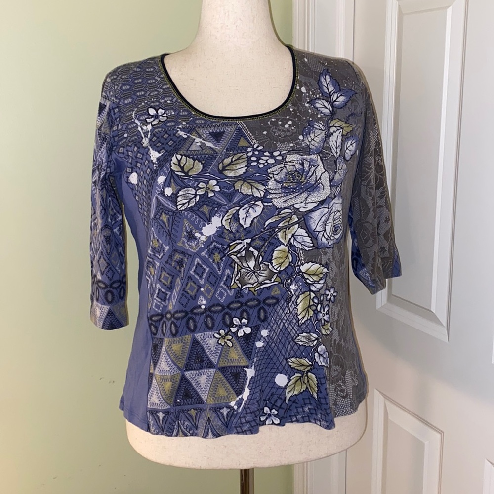 Vanilla Sugar vintage denim blue/white floral beaded print 3/4 sleeve top
